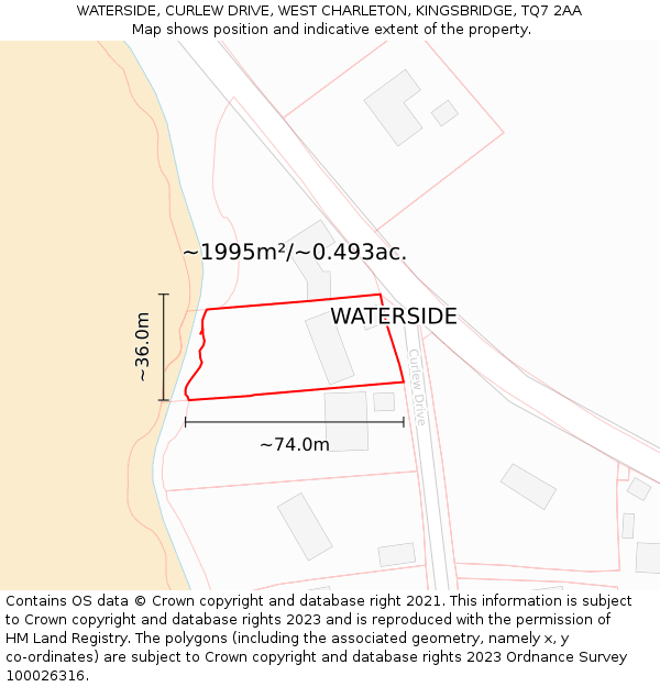 WATERSIDE, CURLEW DRIVE, WEST CHARLETON, KINGSBRIDGE, TQ7 2AA: Plot and title map