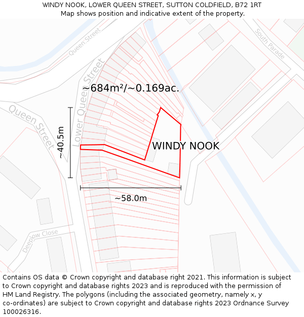 WINDY NOOK, LOWER QUEEN STREET, SUTTON COLDFIELD, B72 1RT: Plot and title map