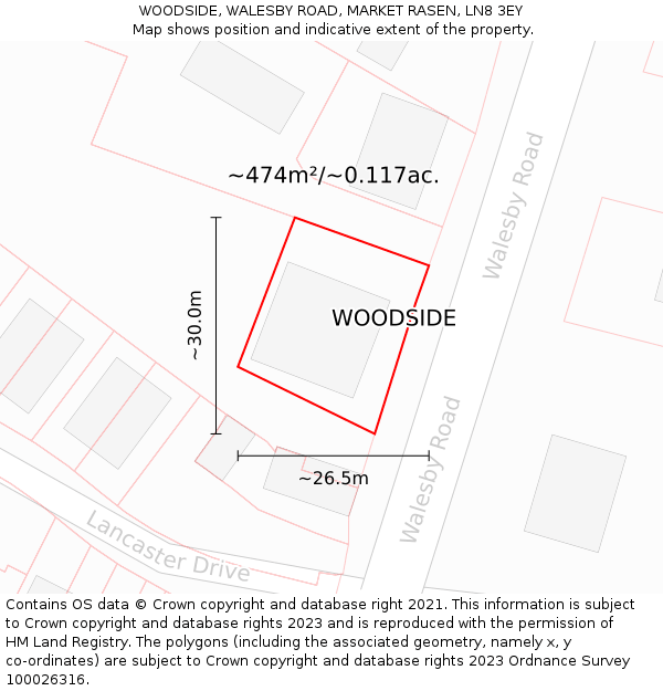WOODSIDE, WALESBY ROAD, MARKET RASEN, LN8 3EY: Plot and title map