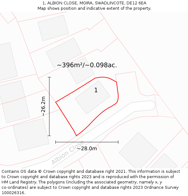 1, ALBION CLOSE, MOIRA, SWADLINCOTE, DE12 6EA: Plot and title map