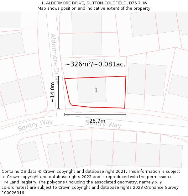 1, ALDERMORE DRIVE, SUTTON COLDFIELD, B75 7HW: Plot and title map