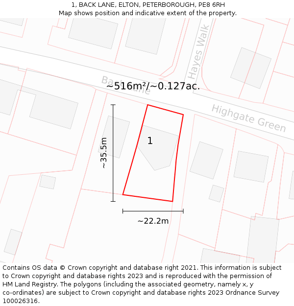 1, BACK LANE, ELTON, PETERBOROUGH, PE8 6RH: Plot and title map
