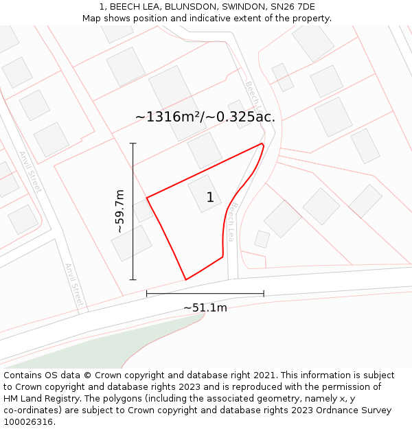 1, BEECH LEA, BLUNSDON, SWINDON, SN26 7DE: Plot and title map