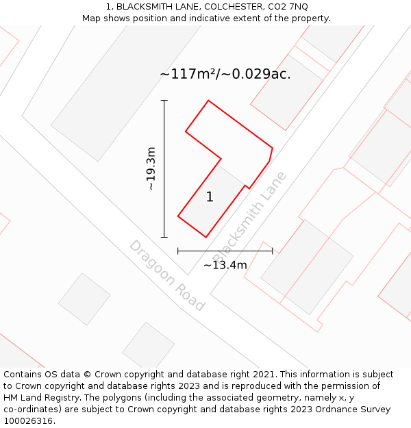 1, BLACKSMITH LANE, COLCHESTER, CO2 7NQ: Plot and title map
