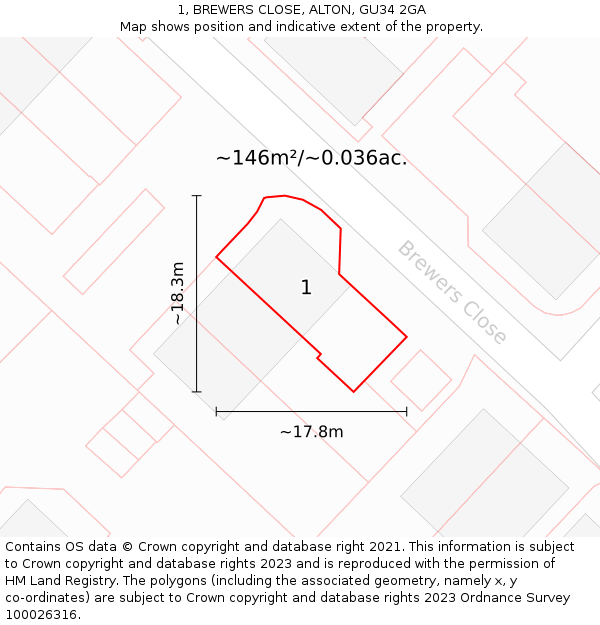 1, BREWERS CLOSE, ALTON, GU34 2GA: Plot and title map
