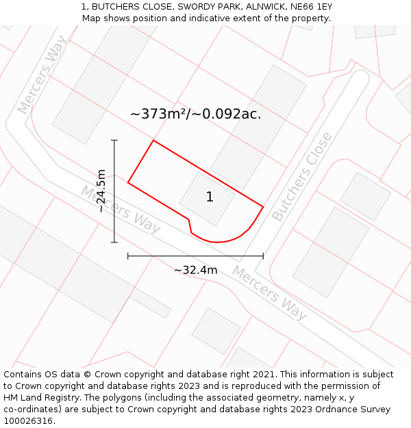 1, BUTCHERS CLOSE, SWORDY PARK, ALNWICK, NE66 1EY: Plot and title map