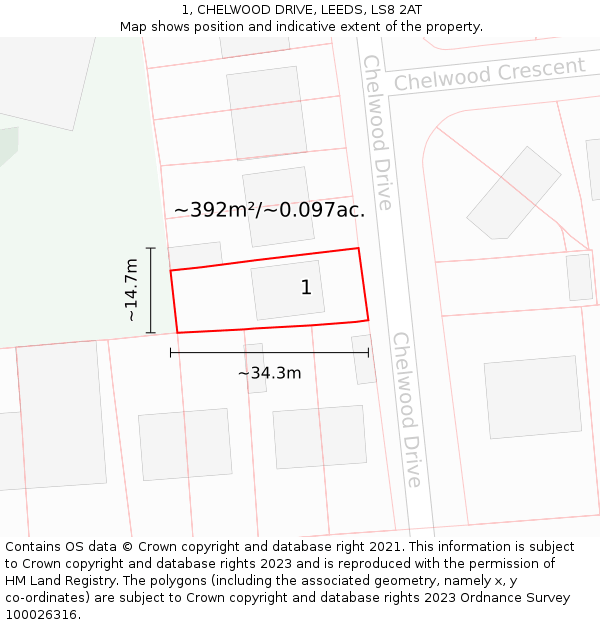 1, CHELWOOD DRIVE, LEEDS, LS8 2AT: Plot and title map