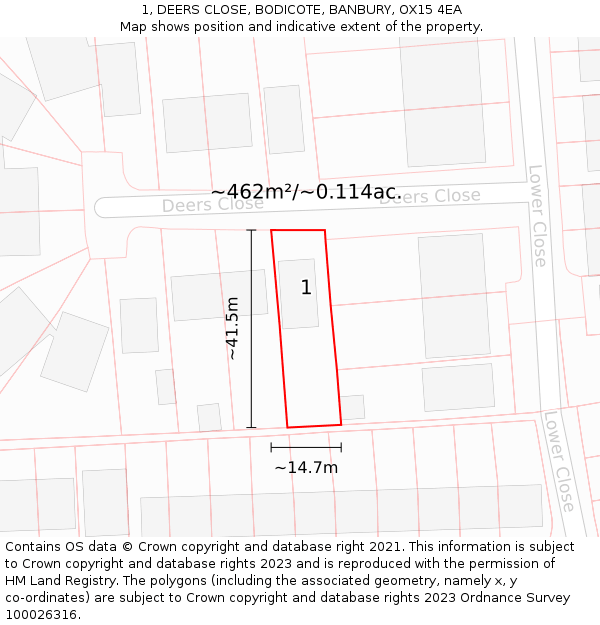1, DEERS CLOSE, BODICOTE, BANBURY, OX15 4EA: Plot and title map