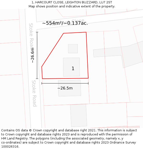 1, HARCOURT CLOSE, LEIGHTON BUZZARD, LU7 2ST: Plot and title map