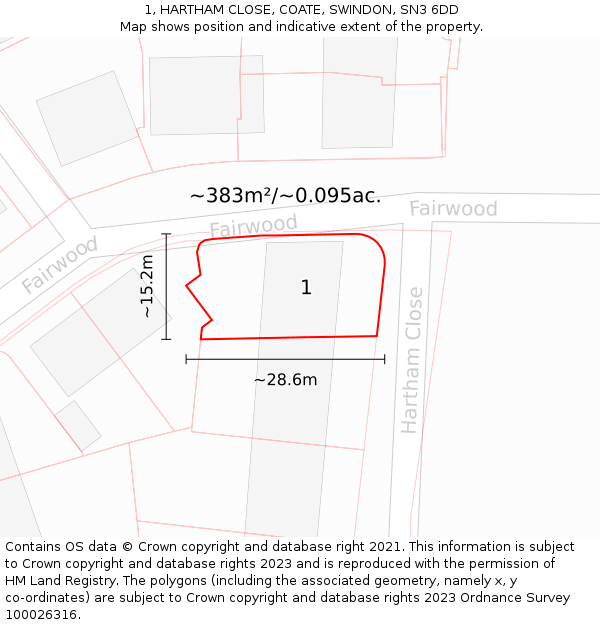 1, HARTHAM CLOSE, COATE, SWINDON, SN3 6DD: Plot and title map