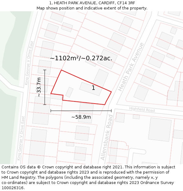 1, HEATH PARK AVENUE, CARDIFF, CF14 3RF: Plot and title map