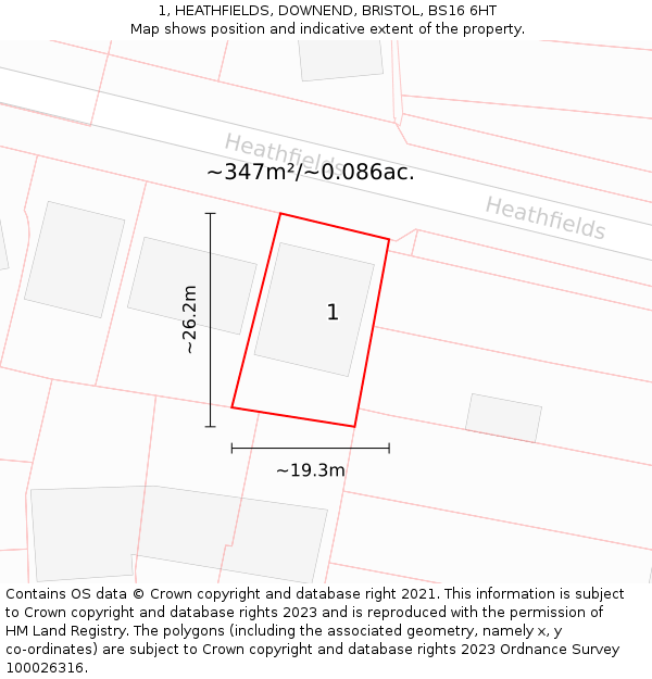 1, HEATHFIELDS, DOWNEND, BRISTOL, BS16 6HT: Plot and title map