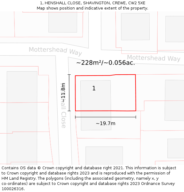 1, HENSHALL CLOSE, SHAVINGTON, CREWE, CW2 5XE: Plot and title map