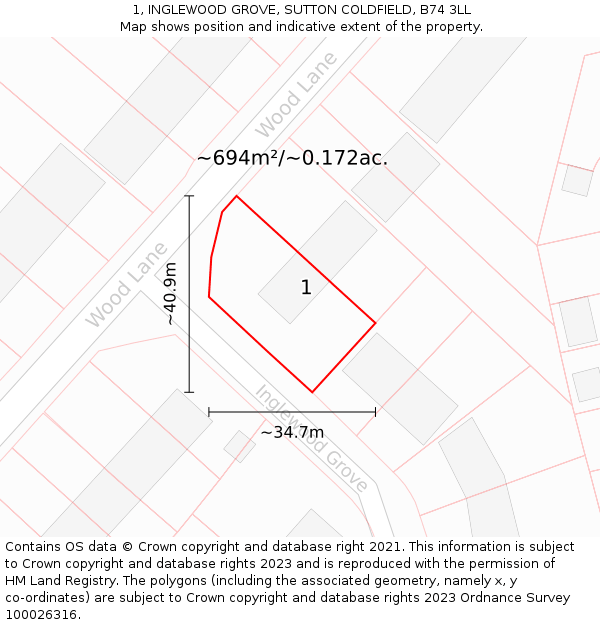 1, INGLEWOOD GROVE, SUTTON COLDFIELD, B74 3LL: Plot and title map