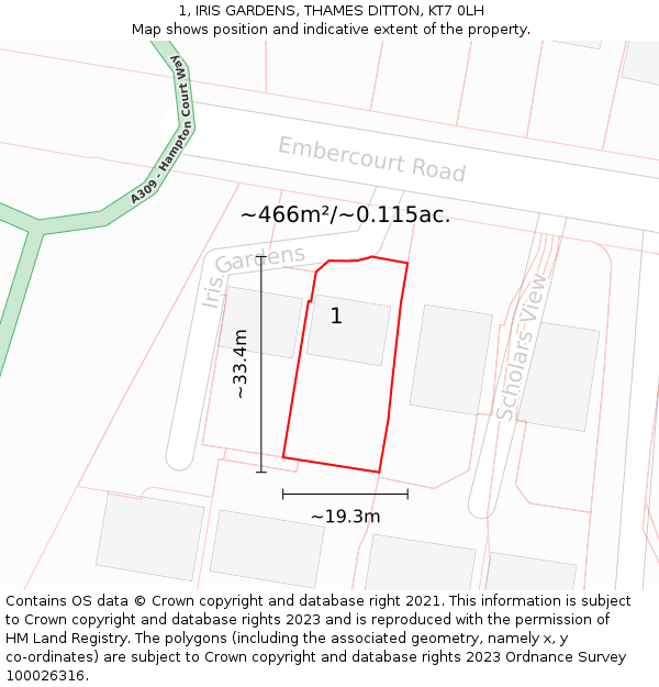 1, IRIS GARDENS, THAMES DITTON, KT7 0LH: Plot and title map