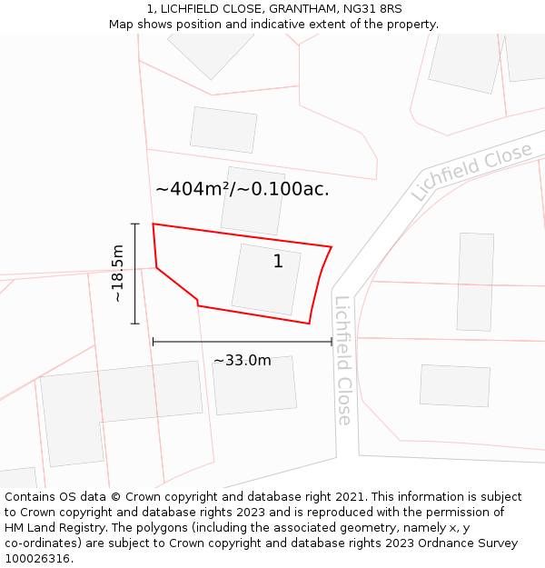 1, LICHFIELD CLOSE, GRANTHAM, NG31 8RS: Plot and title map