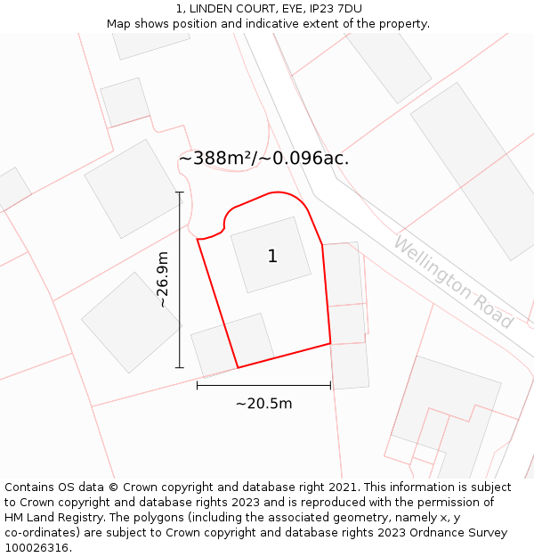 1, LINDEN COURT, EYE, IP23 7DU: Plot and title map