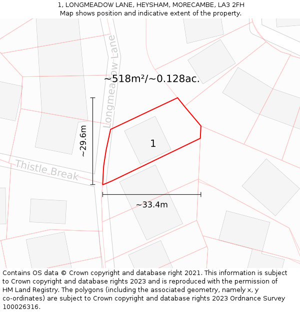 1, LONGMEADOW LANE, HEYSHAM, MORECAMBE, LA3 2FH: Plot and title map