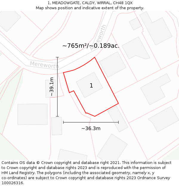 1, MEADOWGATE, CALDY, WIRRAL, CH48 1QX: Plot and title map