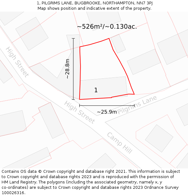 1, PILGRIMS LANE, BUGBROOKE, NORTHAMPTON, NN7 3PJ: Plot and title map