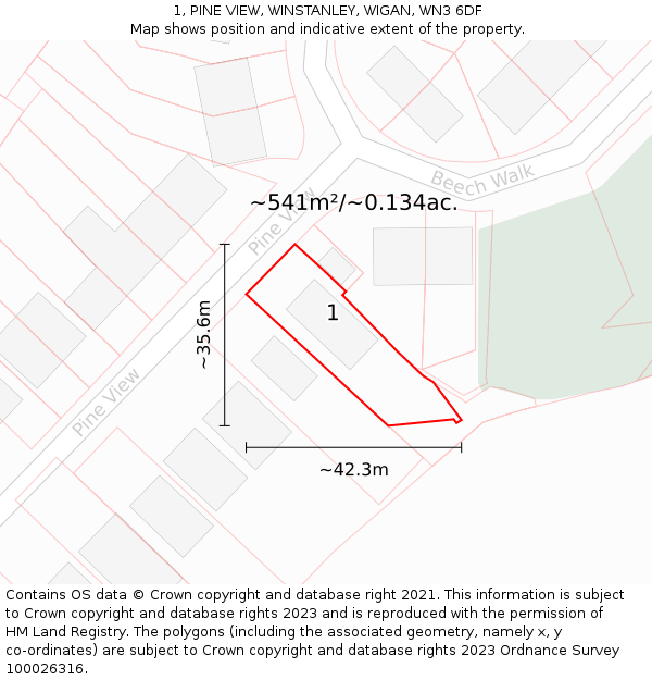 1, PINE VIEW, WINSTANLEY, WIGAN, WN3 6DF: Plot and title map