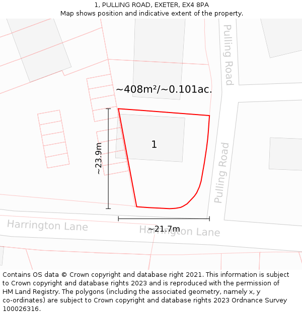 1, PULLING ROAD, EXETER, EX4 8PA: Plot and title map