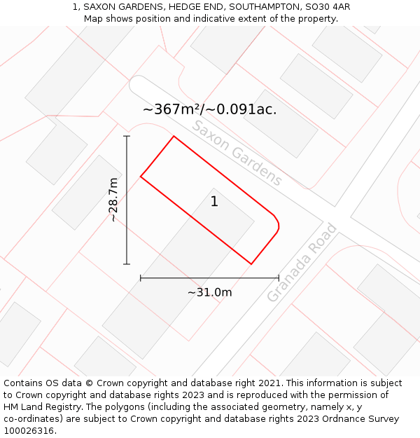 1, SAXON GARDENS, HEDGE END, SOUTHAMPTON, SO30 4AR: Plot and title map