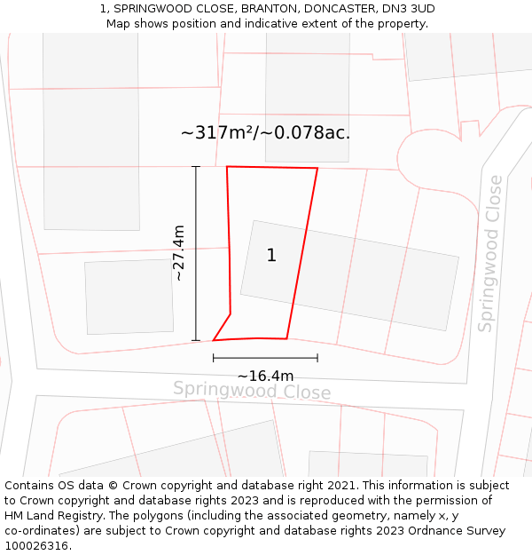 1, SPRINGWOOD CLOSE, BRANTON, DONCASTER, DN3 3UD: Plot and title map