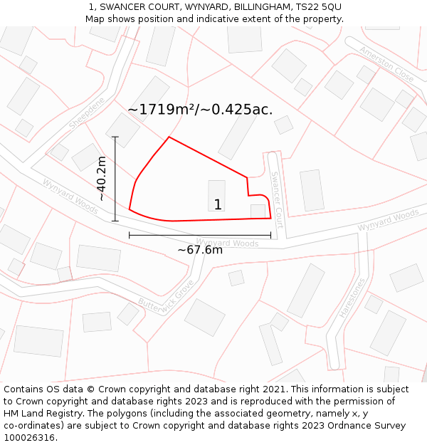 1, SWANCER COURT, WYNYARD, BILLINGHAM, TS22 5QU: Plot and title map