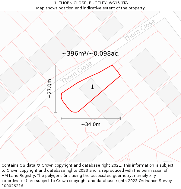 1, THORN CLOSE, RUGELEY, WS15 1TA: Plot and title map