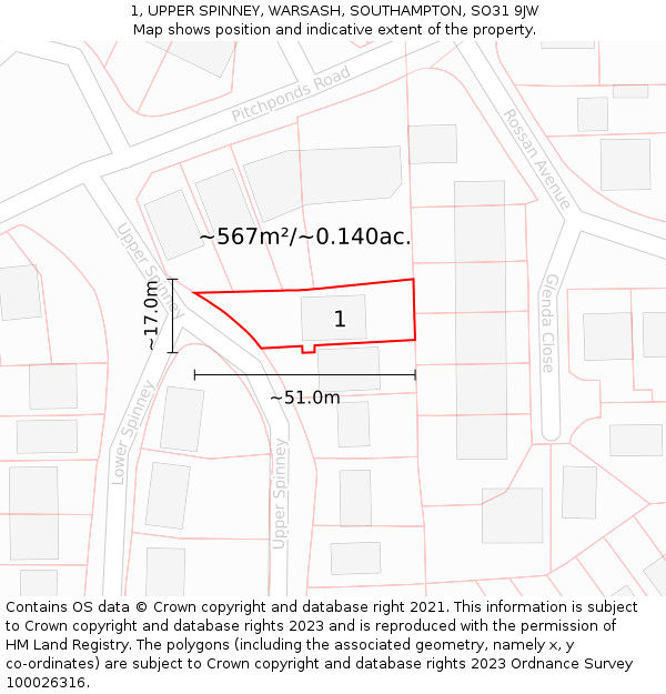 1, UPPER SPINNEY, WARSASH, SOUTHAMPTON, SO31 9JW: Plot and title map