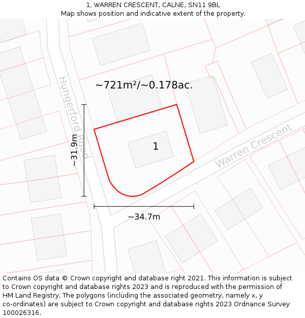 1, WARREN CRESCENT, CALNE, SN11 9BL: Plot and title map