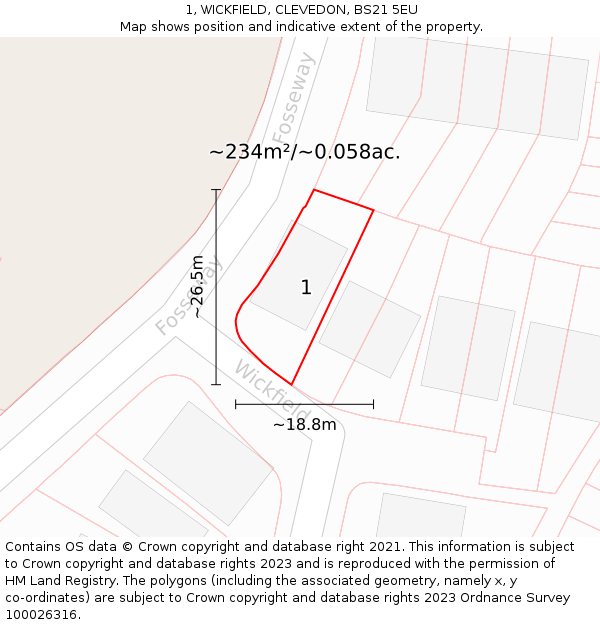 1, WICKFIELD, CLEVEDON, BS21 5EU: Plot and title map