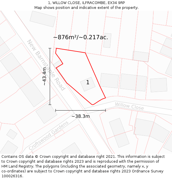 1, WILLOW CLOSE, ILFRACOMBE, EX34 9RP: Plot and title map