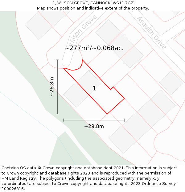 1, WILSON GROVE, CANNOCK, WS11 7GZ: Plot and title map