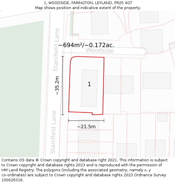 1, WOODSIDE, FARINGTON, LEYLAND, PR25 4GT: Plot and title map