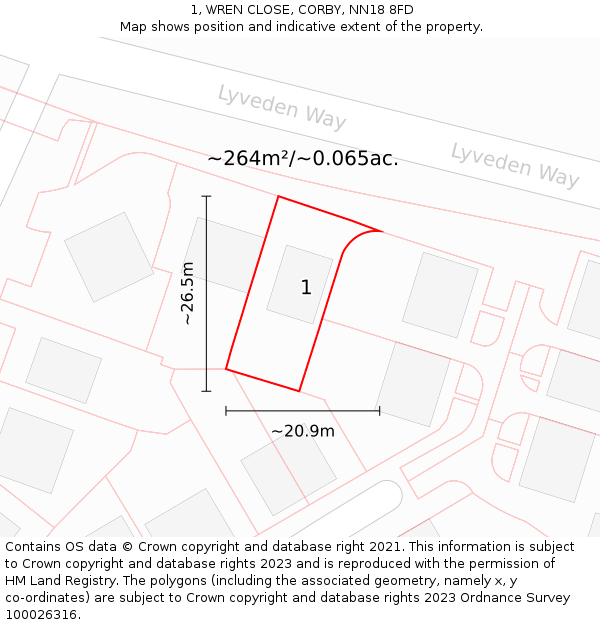1, WREN CLOSE, CORBY, NN18 8FD: Plot and title map