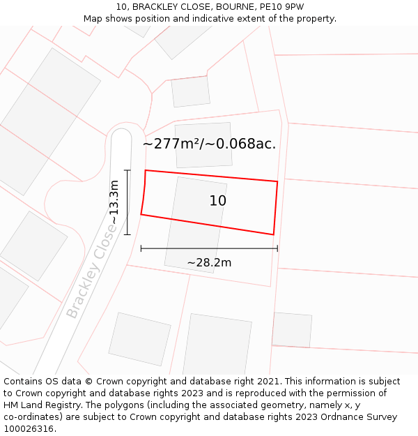 10, BRACKLEY CLOSE, BOURNE, PE10 9PW: Plot and title map