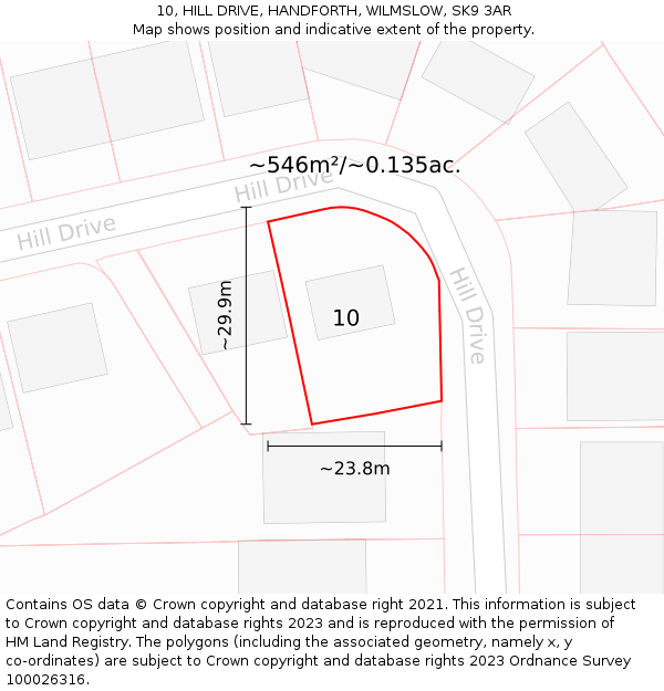 10, HILL DRIVE, HANDFORTH, WILMSLOW, SK9 3AR: Plot and title map
