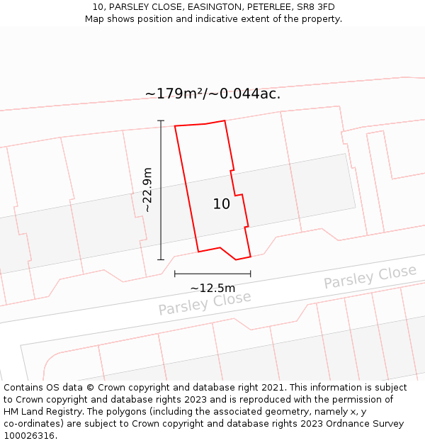 10, PARSLEY CLOSE, EASINGTON, PETERLEE, SR8 3FD: Plot and title map
