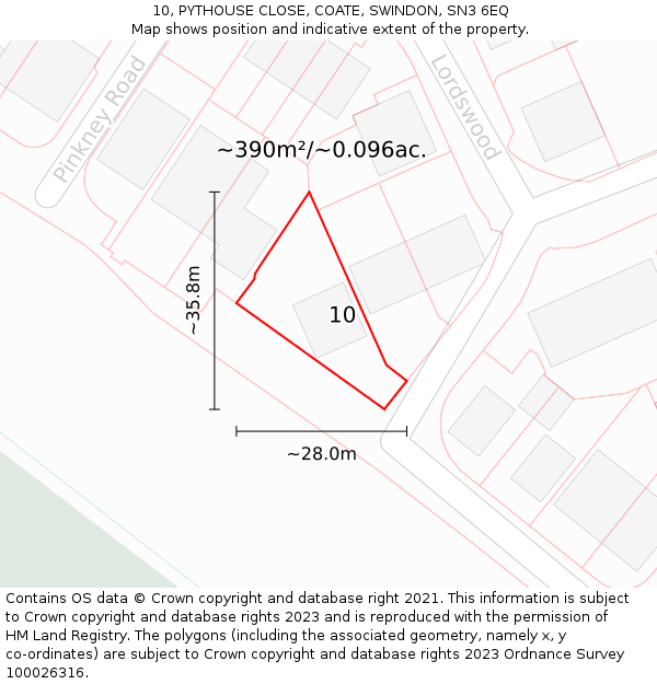10, PYTHOUSE CLOSE, COATE, SWINDON, SN3 6EQ: Plot and title map