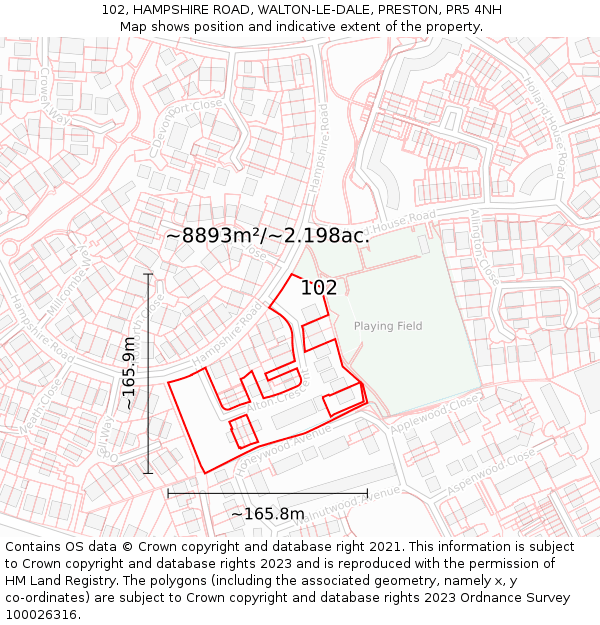 102, HAMPSHIRE ROAD, WALTON-LE-DALE, PRESTON, PR5 4NH: Plot and title map