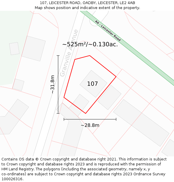 107, LEICESTER ROAD, OADBY, LEICESTER, LE2 4AB: Plot and title map