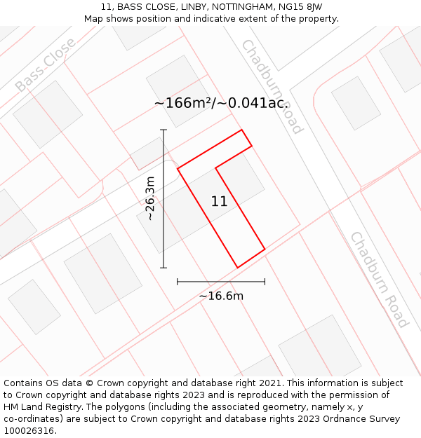 11, BASS CLOSE, LINBY, NOTTINGHAM, NG15 8JW: Plot and title map