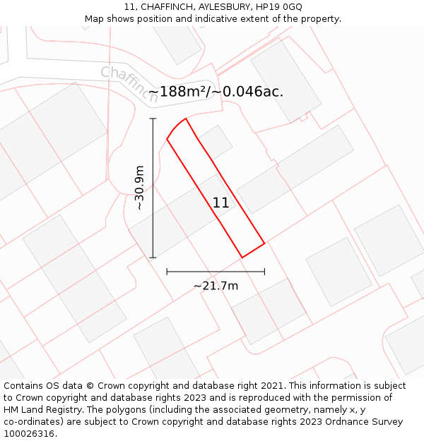 11, CHAFFINCH, AYLESBURY, HP19 0GQ: Plot and title map