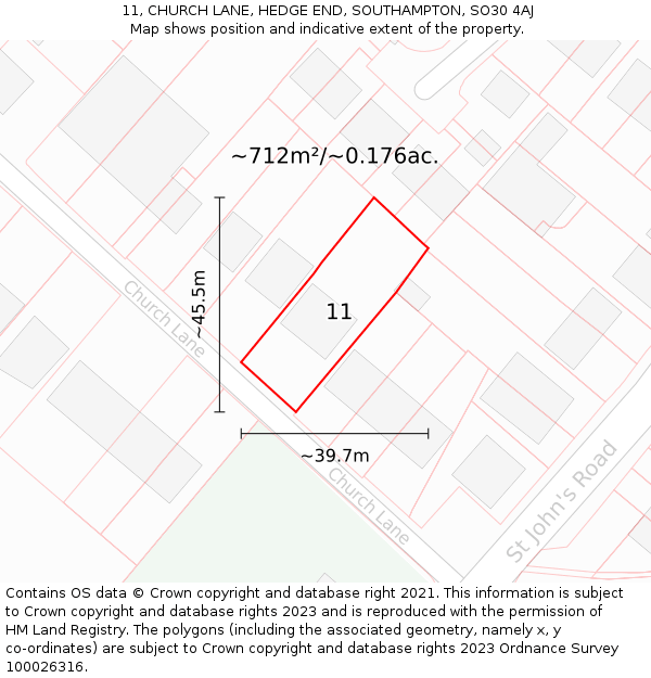 11, CHURCH LANE, HEDGE END, SOUTHAMPTON, SO30 4AJ: Plot and title map
