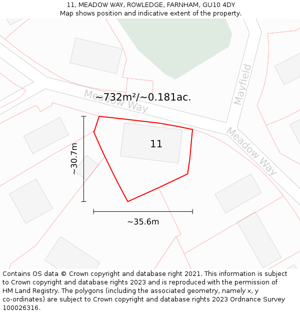 11, MEADOW WAY, ROWLEDGE, FARNHAM, GU10 4DY: Plot and title map
