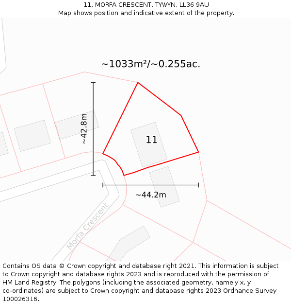 11, MORFA CRESCENT, TYWYN, LL36 9AU: Plot and title map