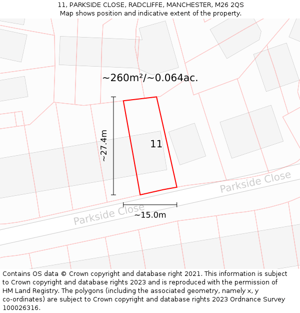 11, PARKSIDE CLOSE, RADCLIFFE, MANCHESTER, M26 2QS: Plot and title map