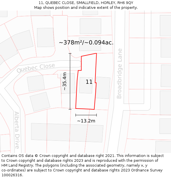 11, QUEBEC CLOSE, SMALLFIELD, HORLEY, RH6 9QY: Plot and title map